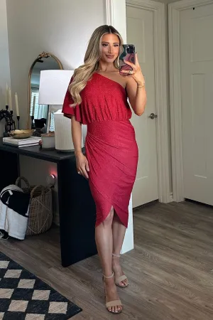 Sweet Escape Sparkly One Shoulder Midi Dress: Red