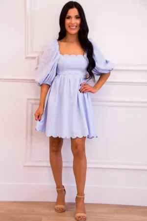 Sweet Scallops Cutout Babydoll Dress: Blue