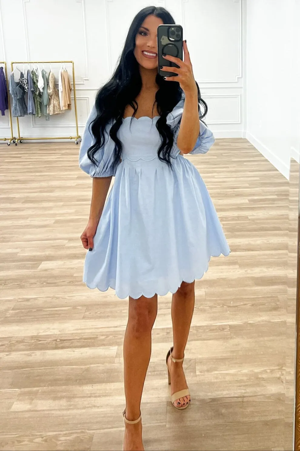 Sweet Scallops Cutout Babydoll Dress: Blue
