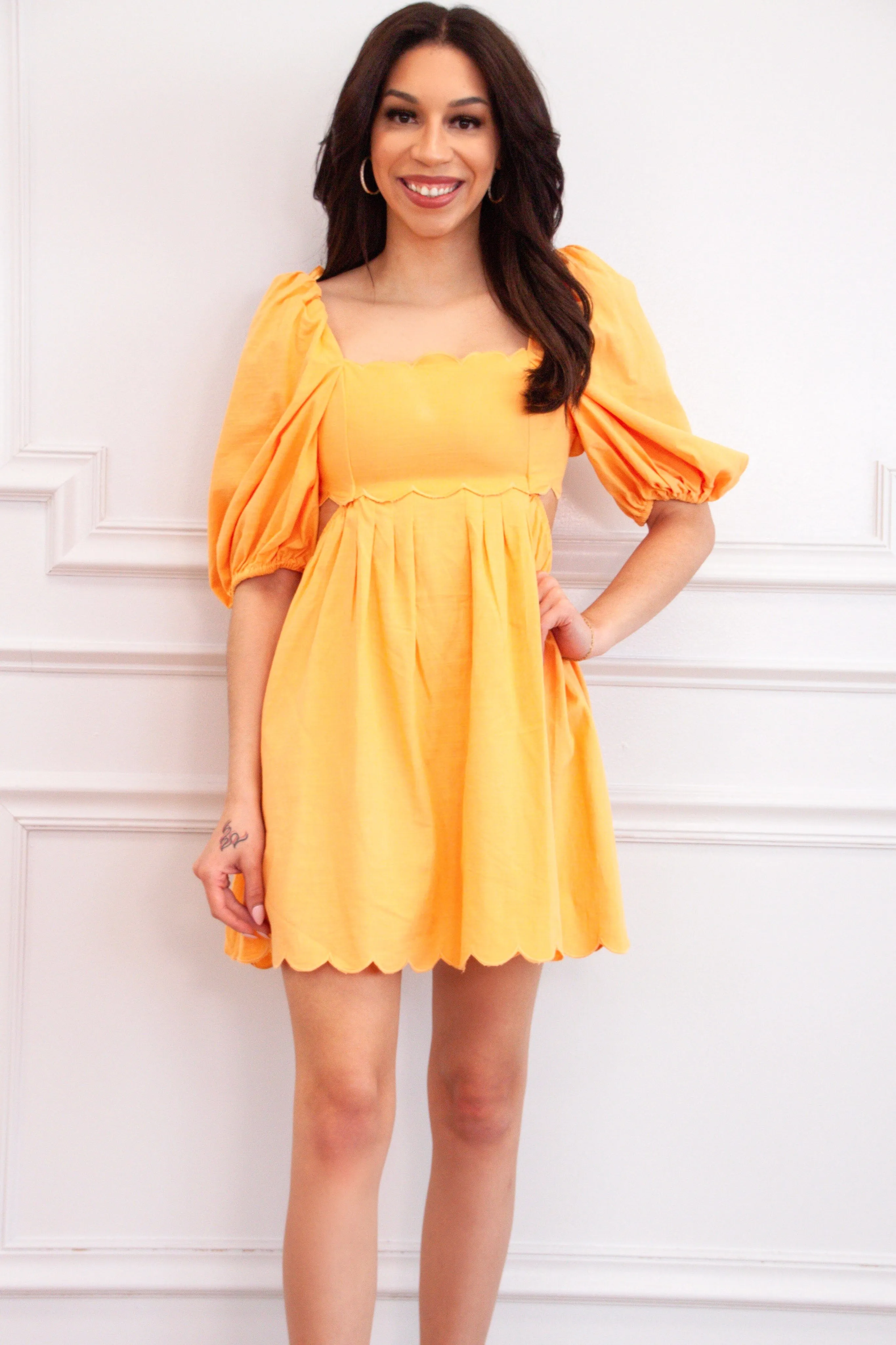 Sweet Scallops Cutout Babydoll Dress: Orange