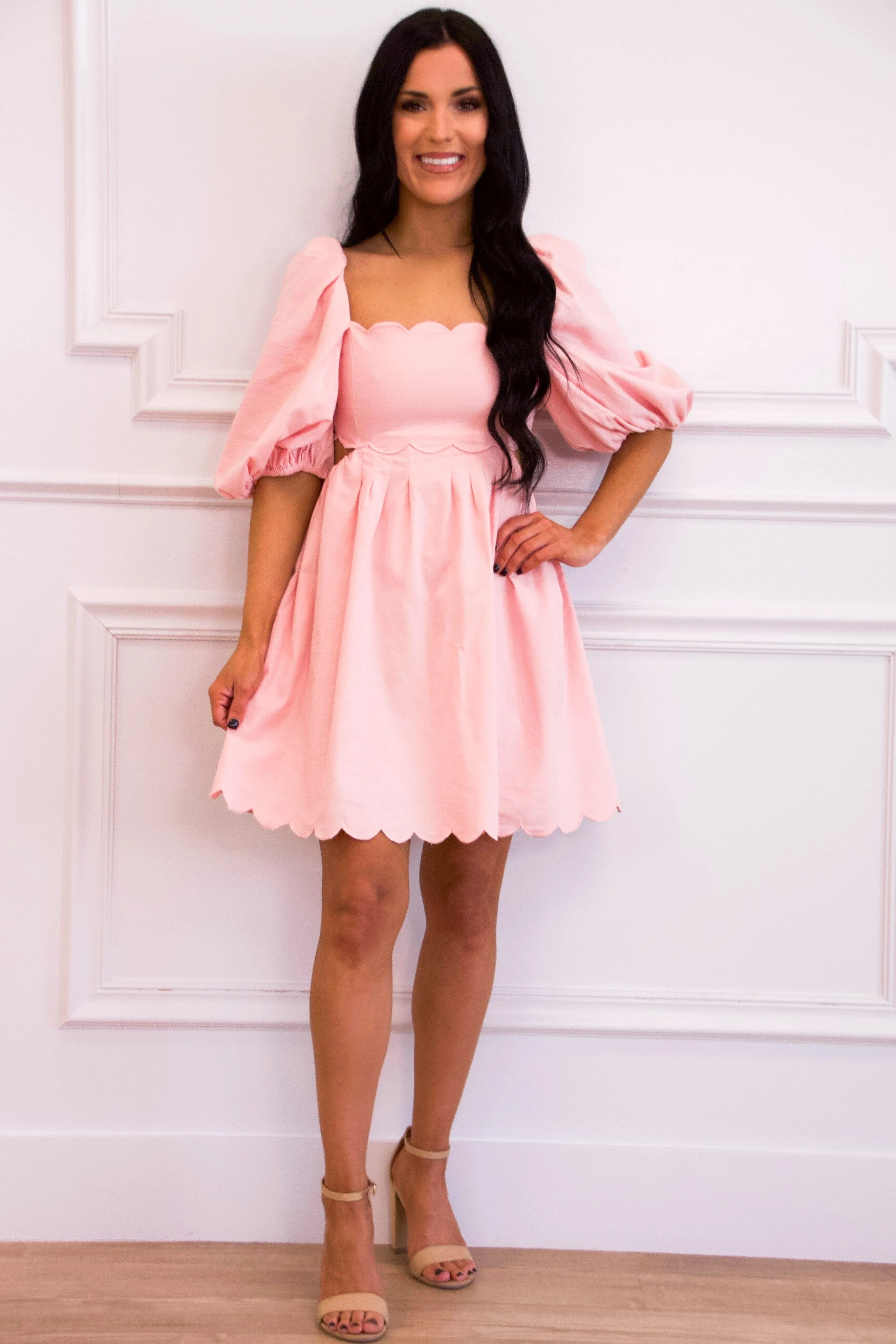 Sweet Scallops Cutout Babydoll Dress: Pink