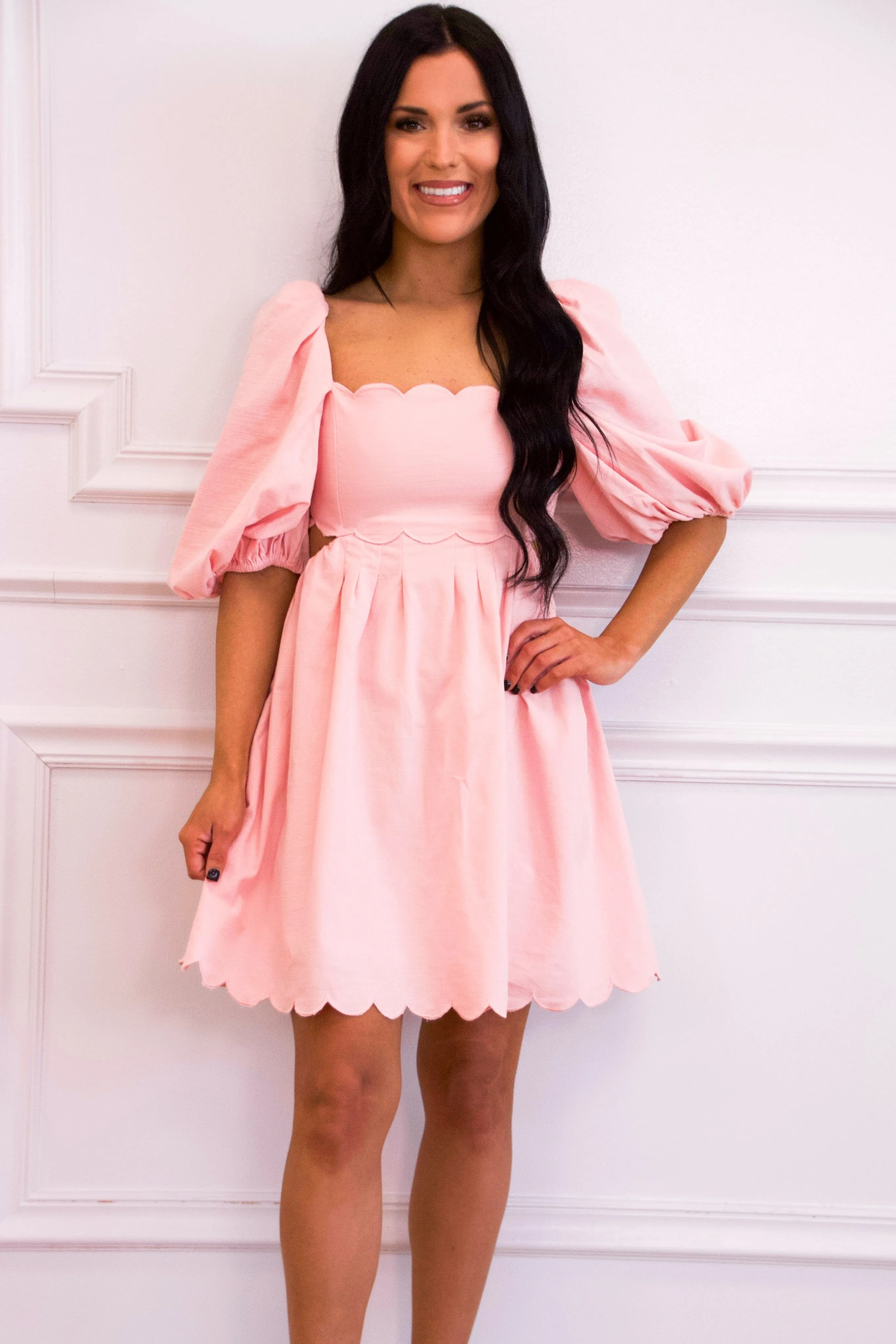 Sweet Scallops Cutout Babydoll Dress: Pink