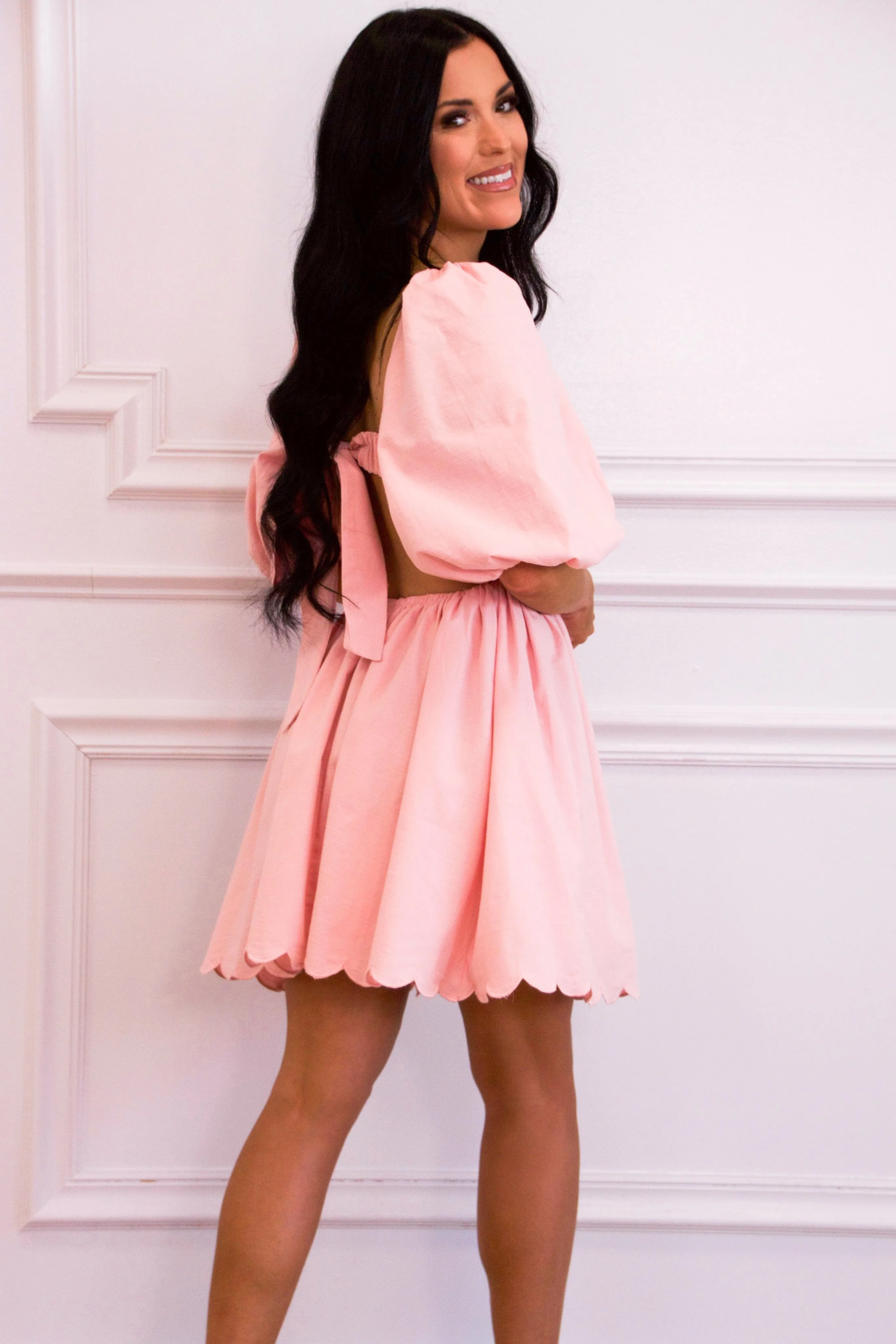 Sweet Scallops Cutout Babydoll Dress: Pink