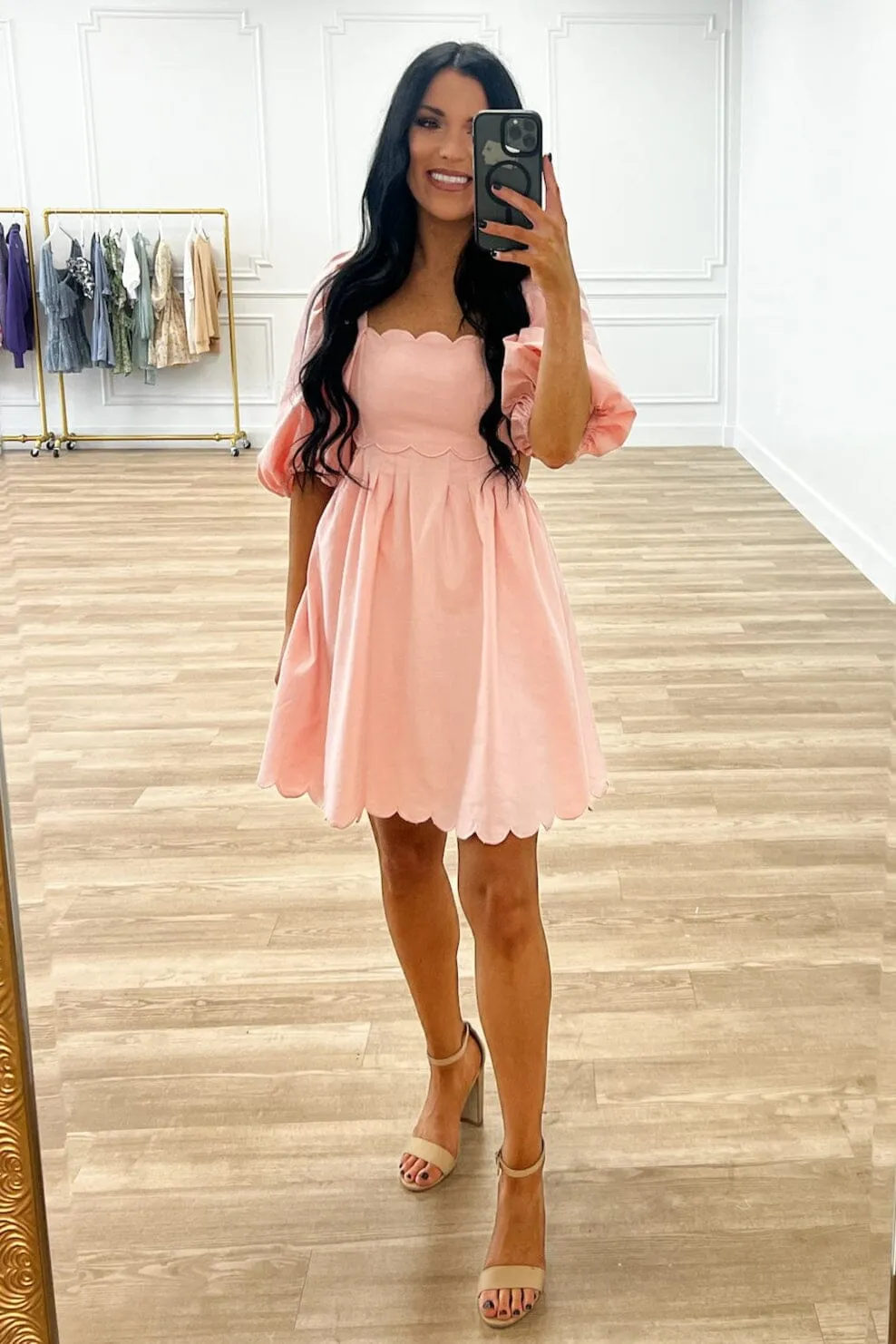 Sweet Scallops Cutout Babydoll Dress: Pink
