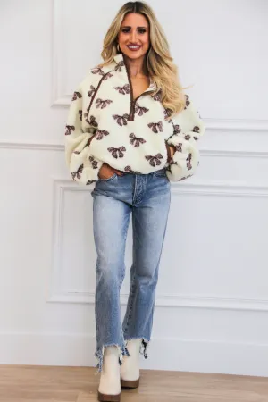 Sweetest Girl Sherpa Bow Quarter Zip Pullover: Cream
