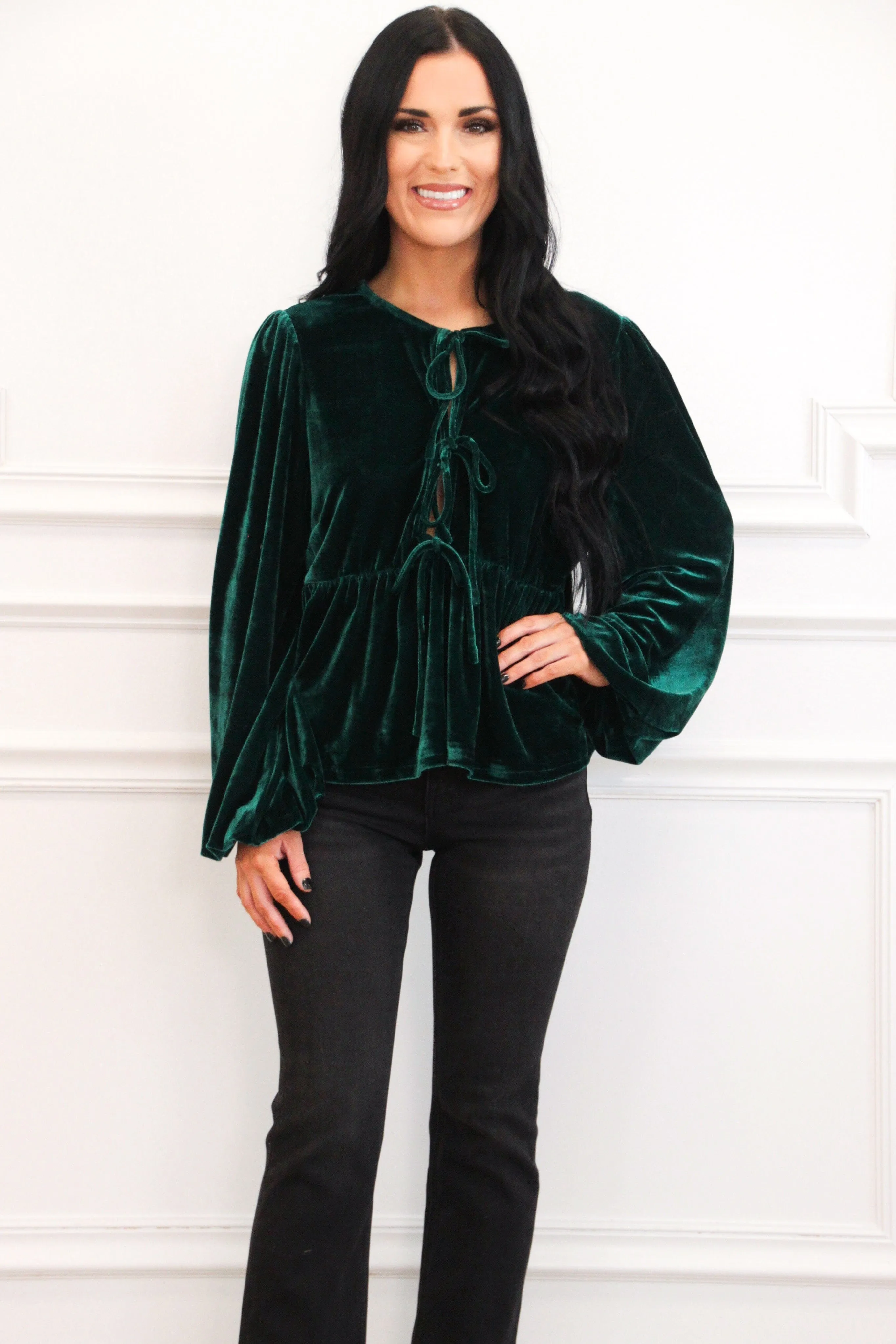 Sweetest Kiss Velvet Bow Top: Hunter Green