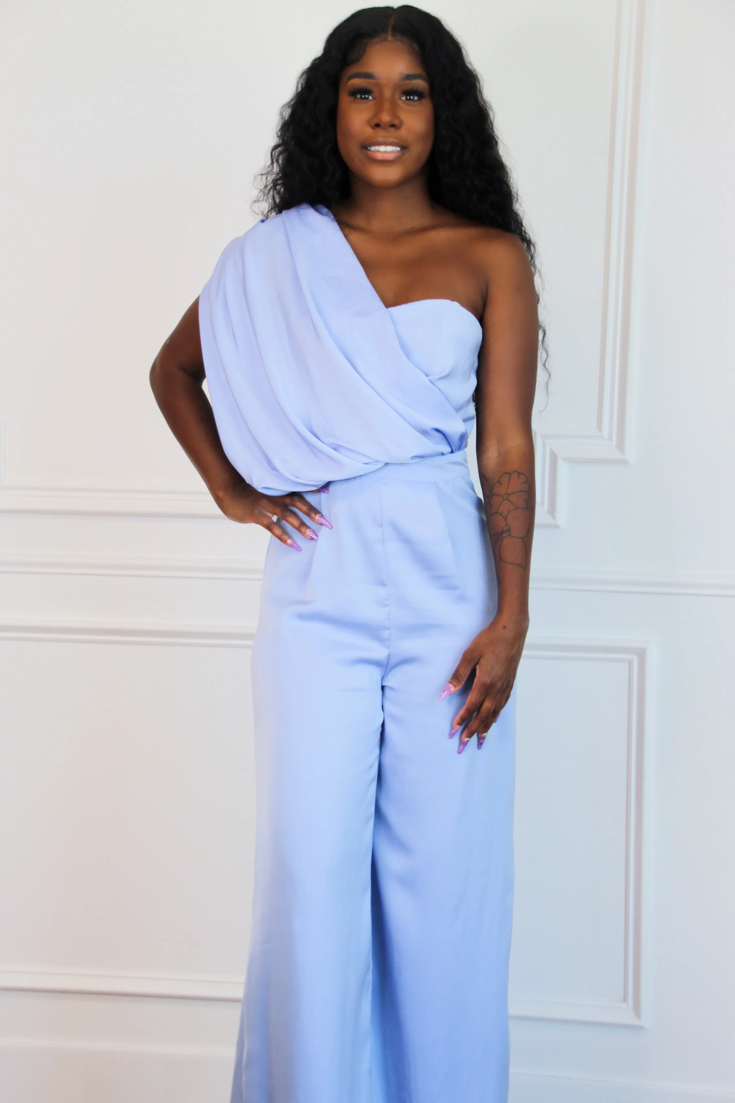 Swept Up in Your Love One Shoulder Jumpsuit: Periwinkle