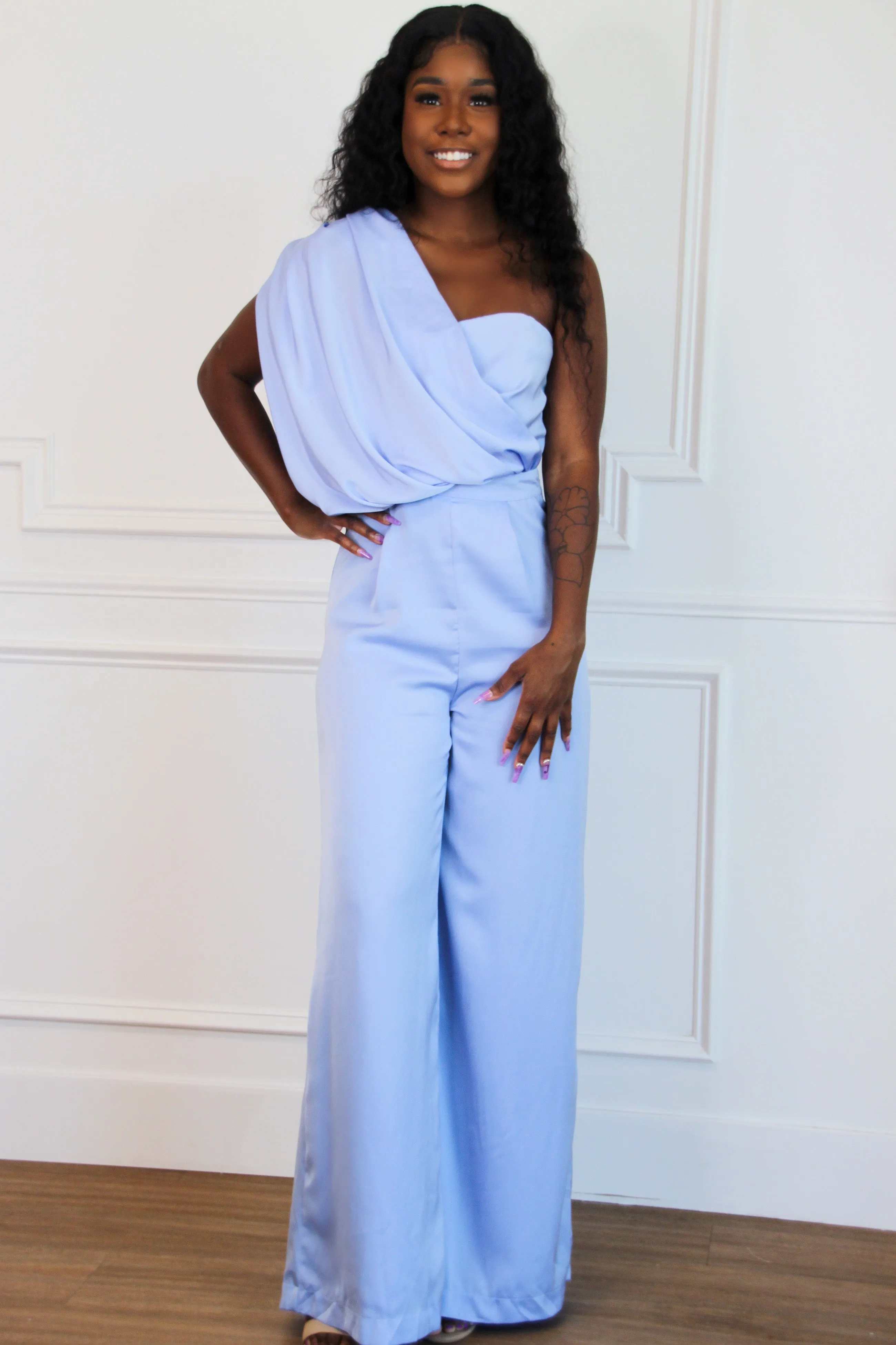 Swept Up in Your Love One Shoulder Jumpsuit: Periwinkle