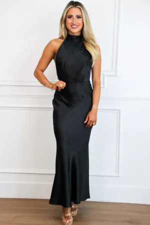 Take My Breath Away Satin Pearl Open Back Maxi Dress: Black