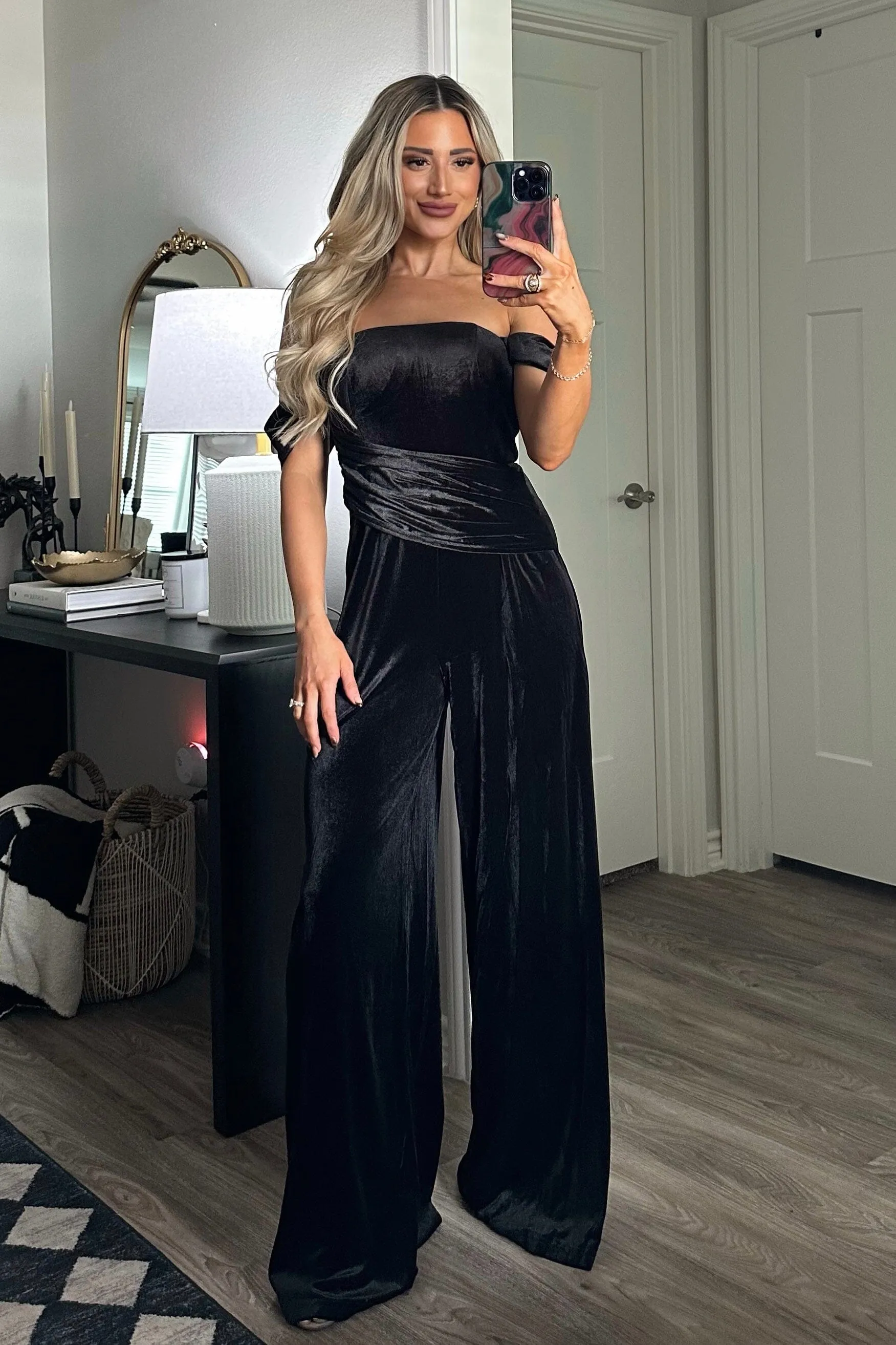 Tara Off Shoulder Velvet Jumpsuit: Black