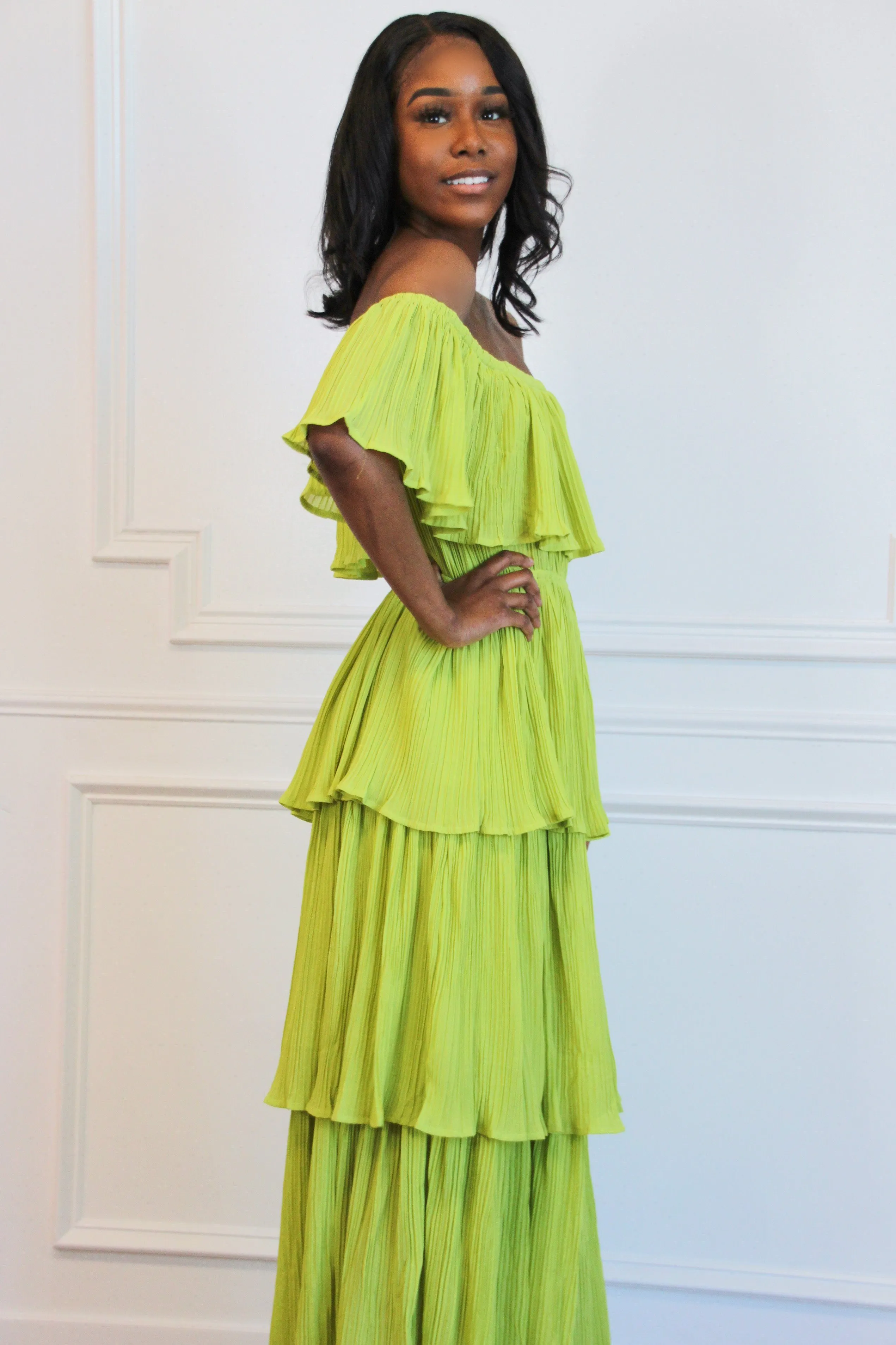 Tiered Beauty Midi Dress: Chartreuse