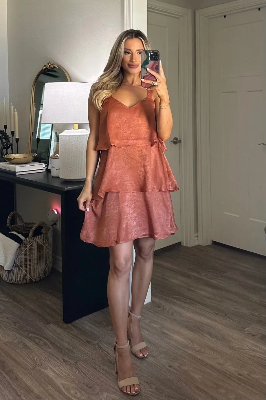 Tiered to Perfection Satin Dress: Rust
