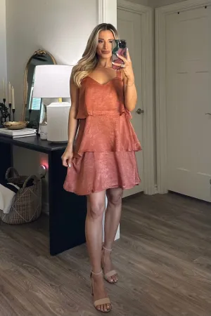 Tiered to Perfection Satin Dress: Rust