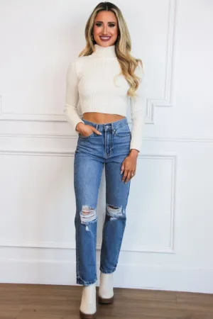 Tinslee Turtleneck Ribbed Cropped Sweater: Cream
