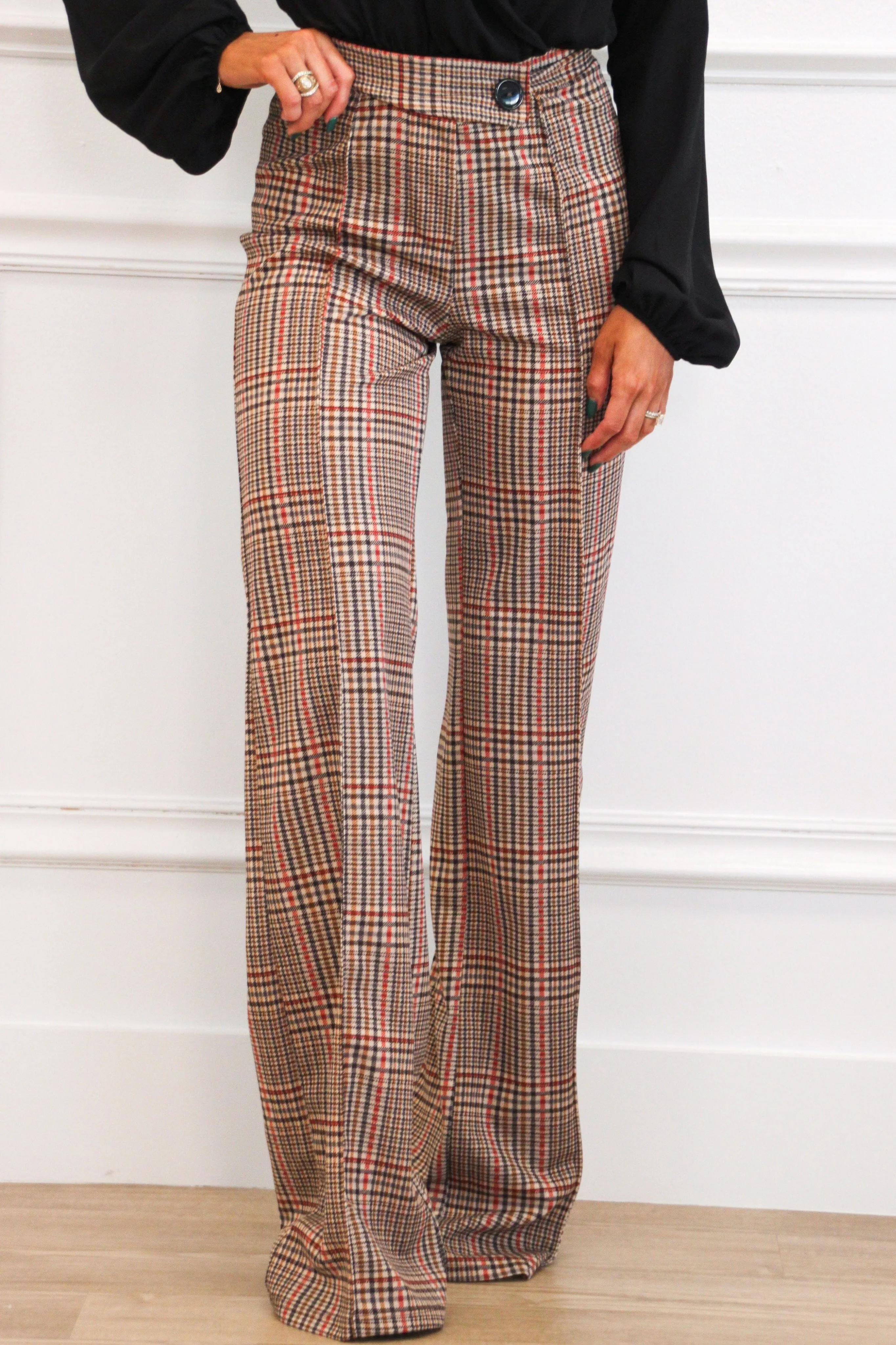 Tucker Plaid High Waisted Button Pants: Taupe Multi