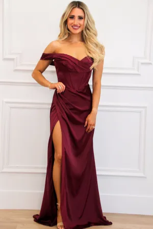 Tyla One Shoulder Satin Bustier Slit Formal Dress: Burgundy