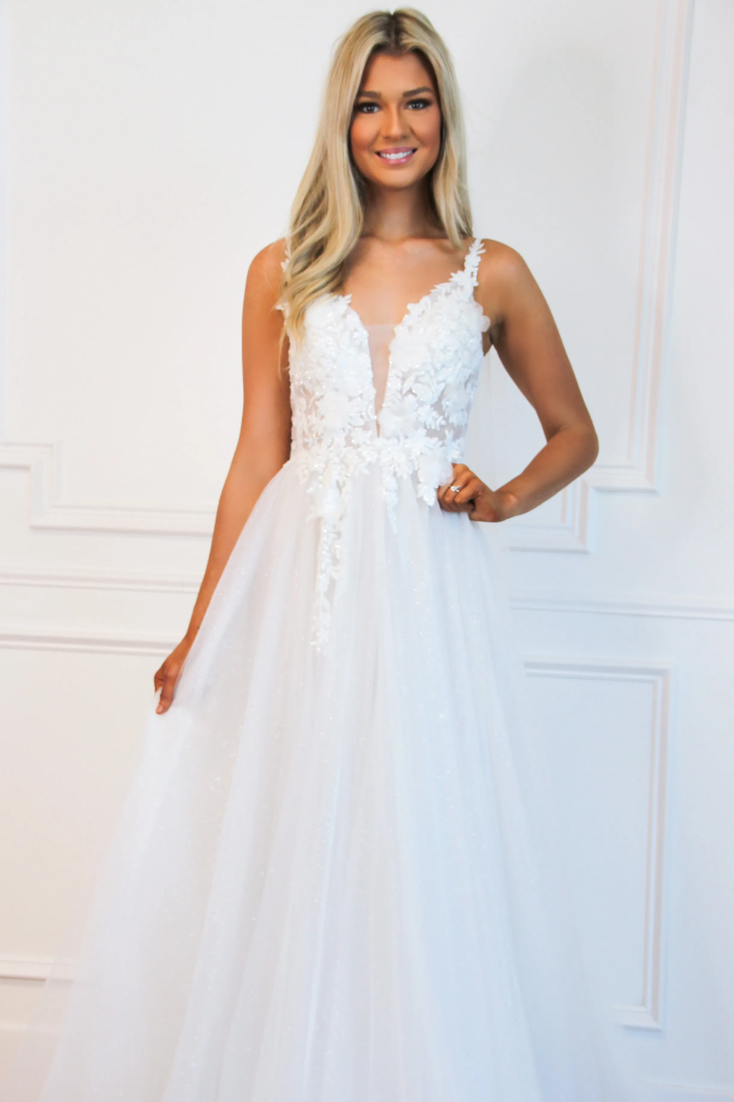 Until I Found You Sparkly Tulle Wedding Dress: Off White