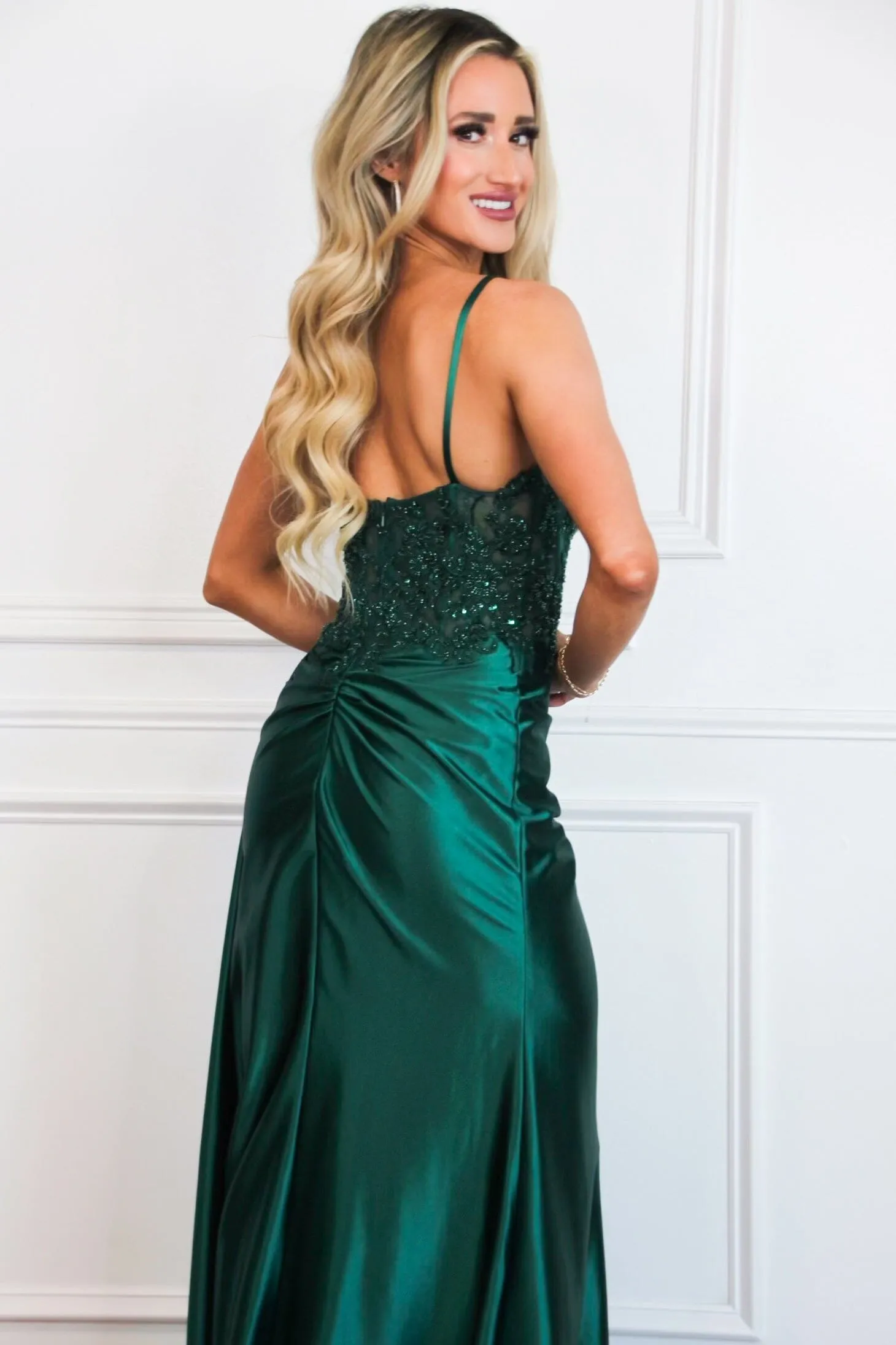 Victoria Sparkly Lace Satin Bustier Formal Dress: Emerald
