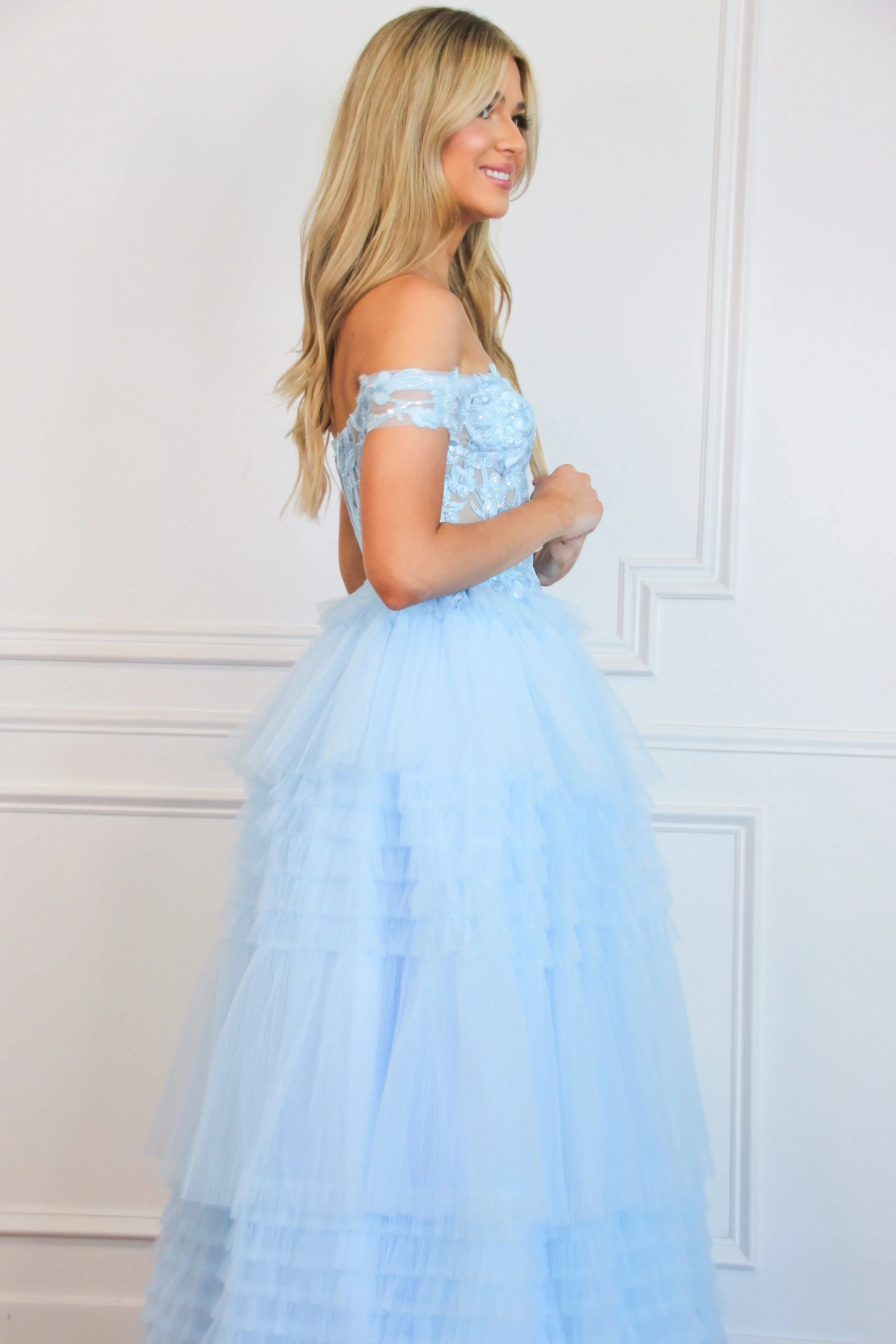 Vienna Sparkly Lace Bustier Tulle Ruffle Formal Dress: Light Blue
