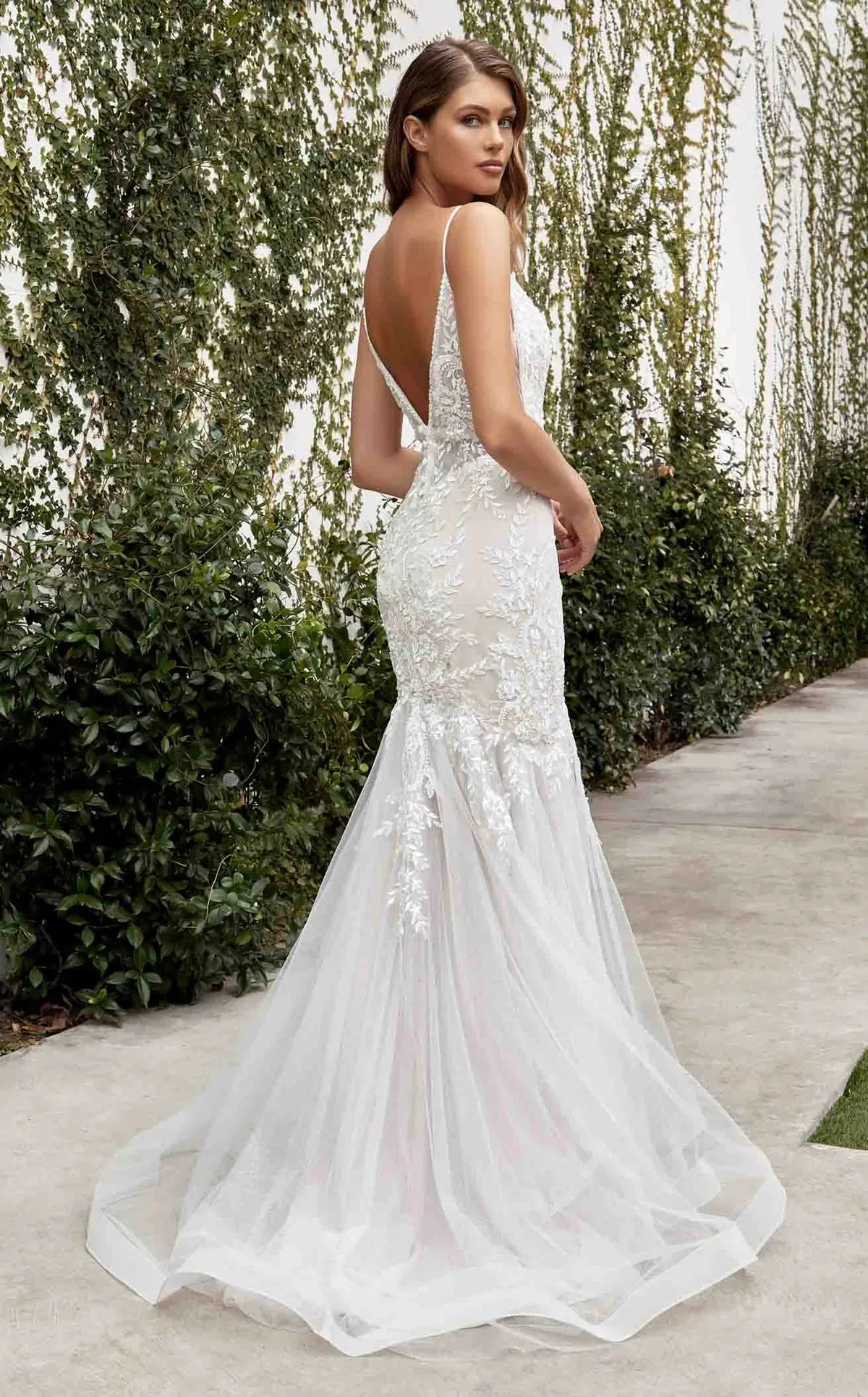 Vika Lace Sparkly Bow Sleeve Mermaid Wedding Dress: Off White