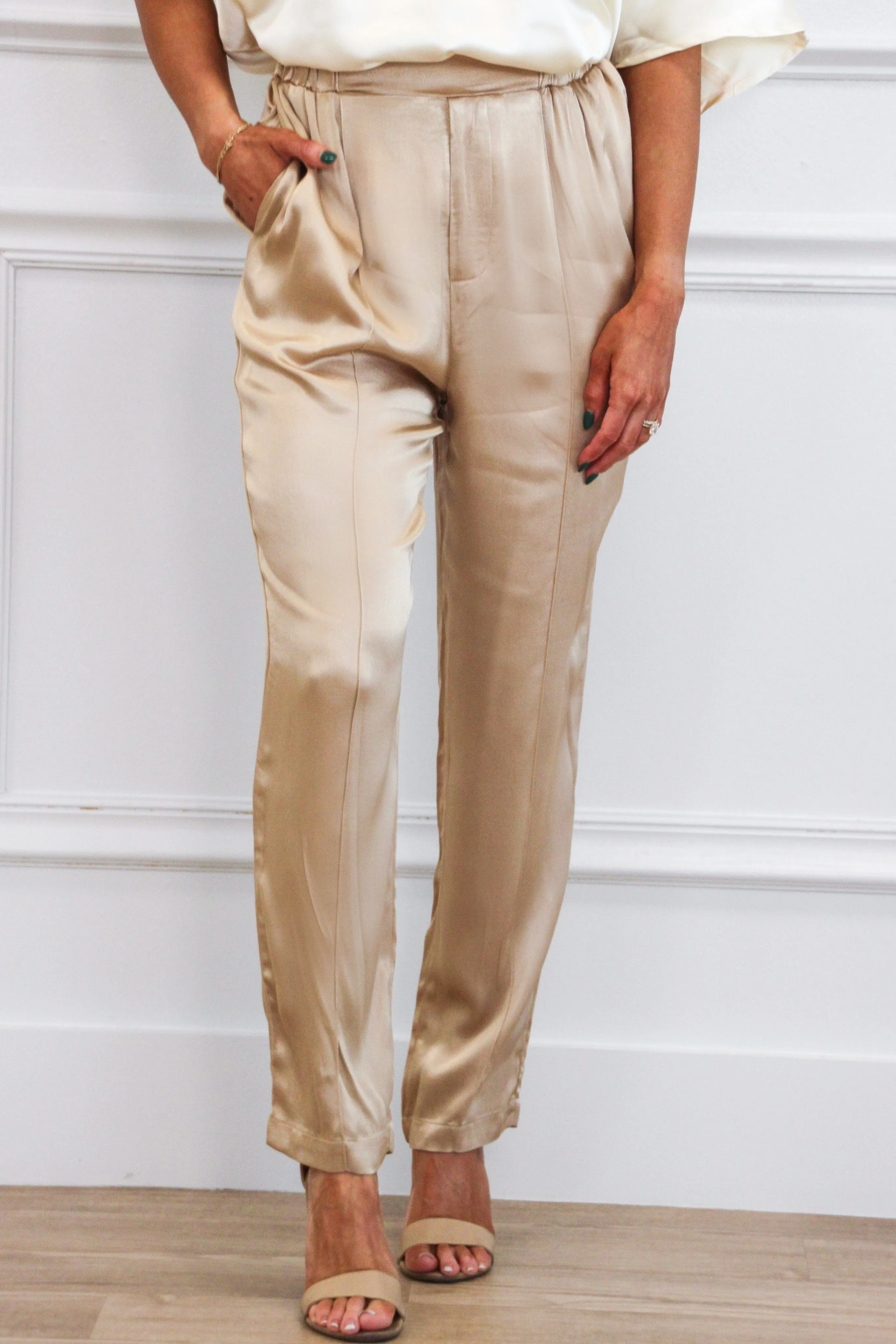 Vita High Waisted Satin Pants: Champagne