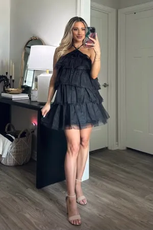 Walk With Sass Tiered Tulle Ruffle Dress: Black