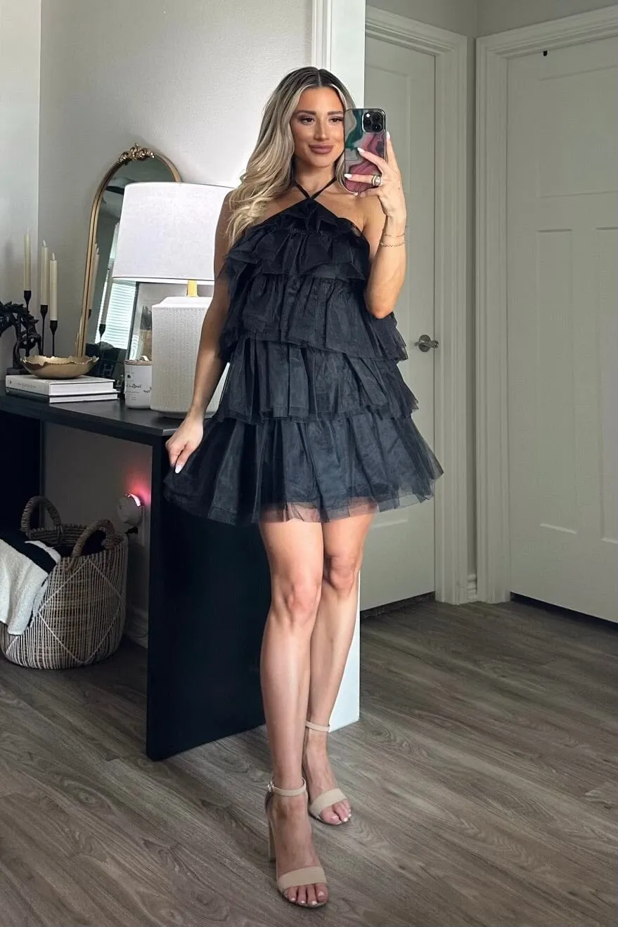 Walk With Sass Tiered Tulle Ruffle Dress: Black