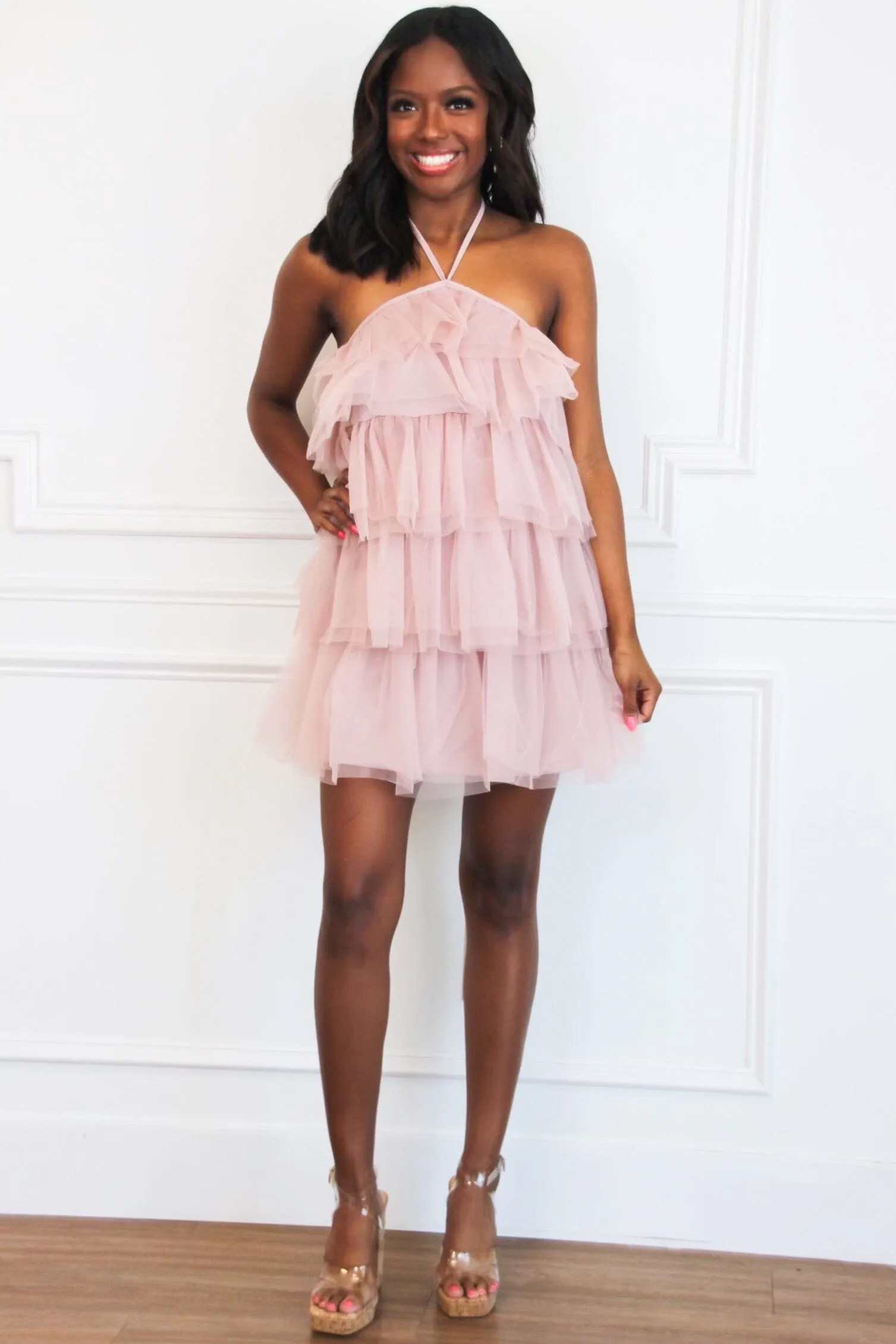 Walk With Sass Tiered Tulle Ruffle Dress: Mauve