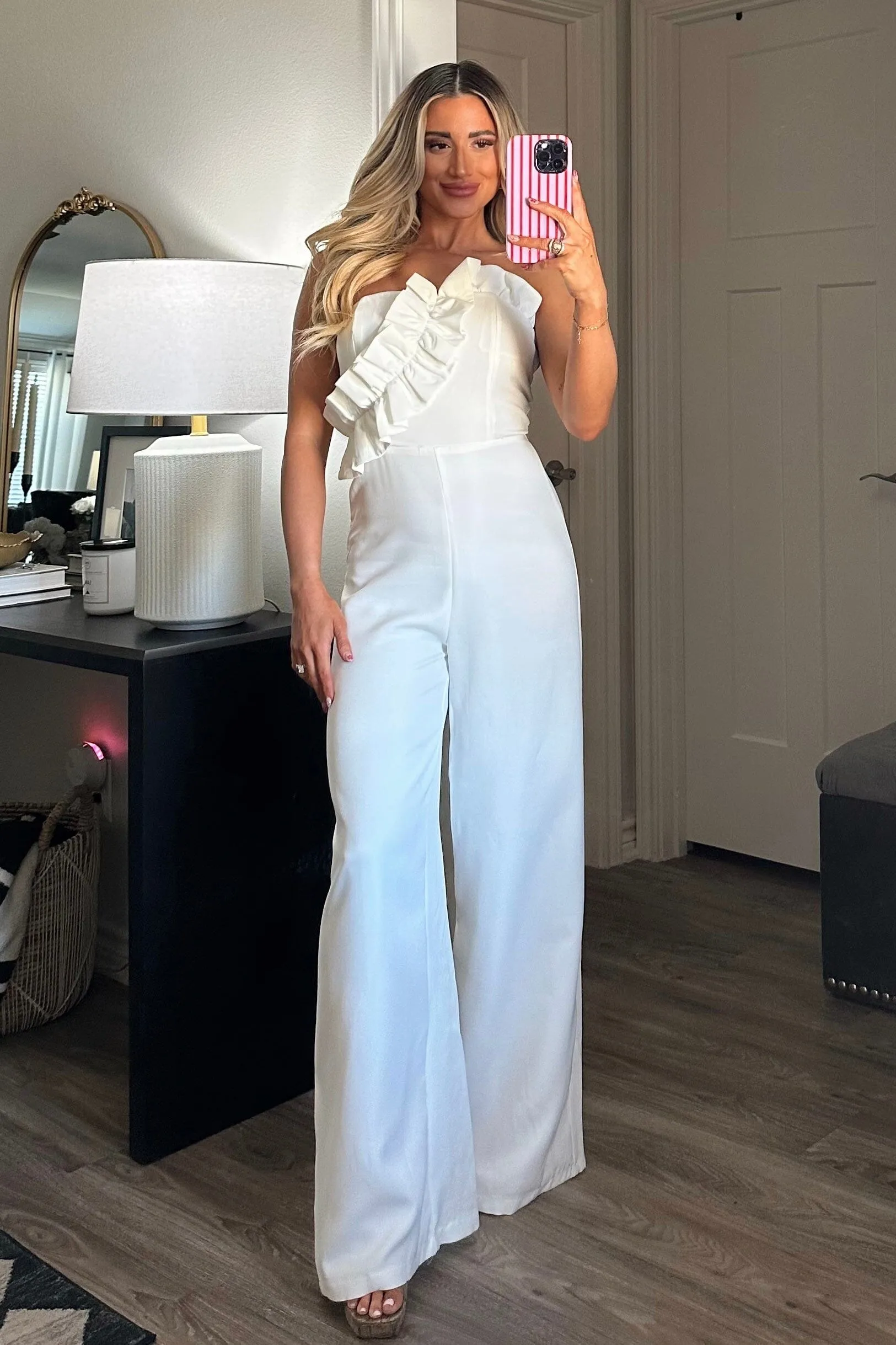 Wear Your Confidence Ruffle Strapless Jumpsuit: White