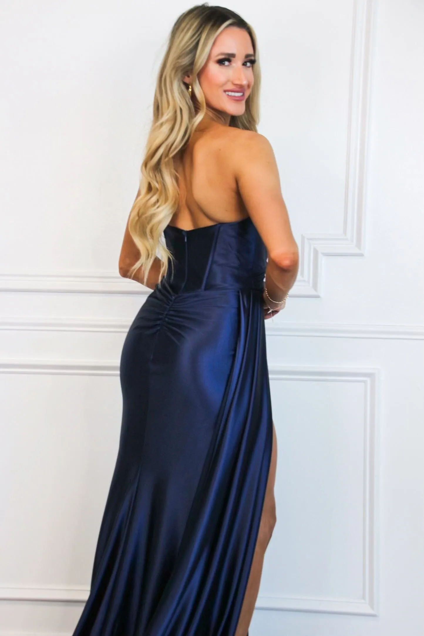 Whitley Strapless Satin Slit Formal Dress: Navy
