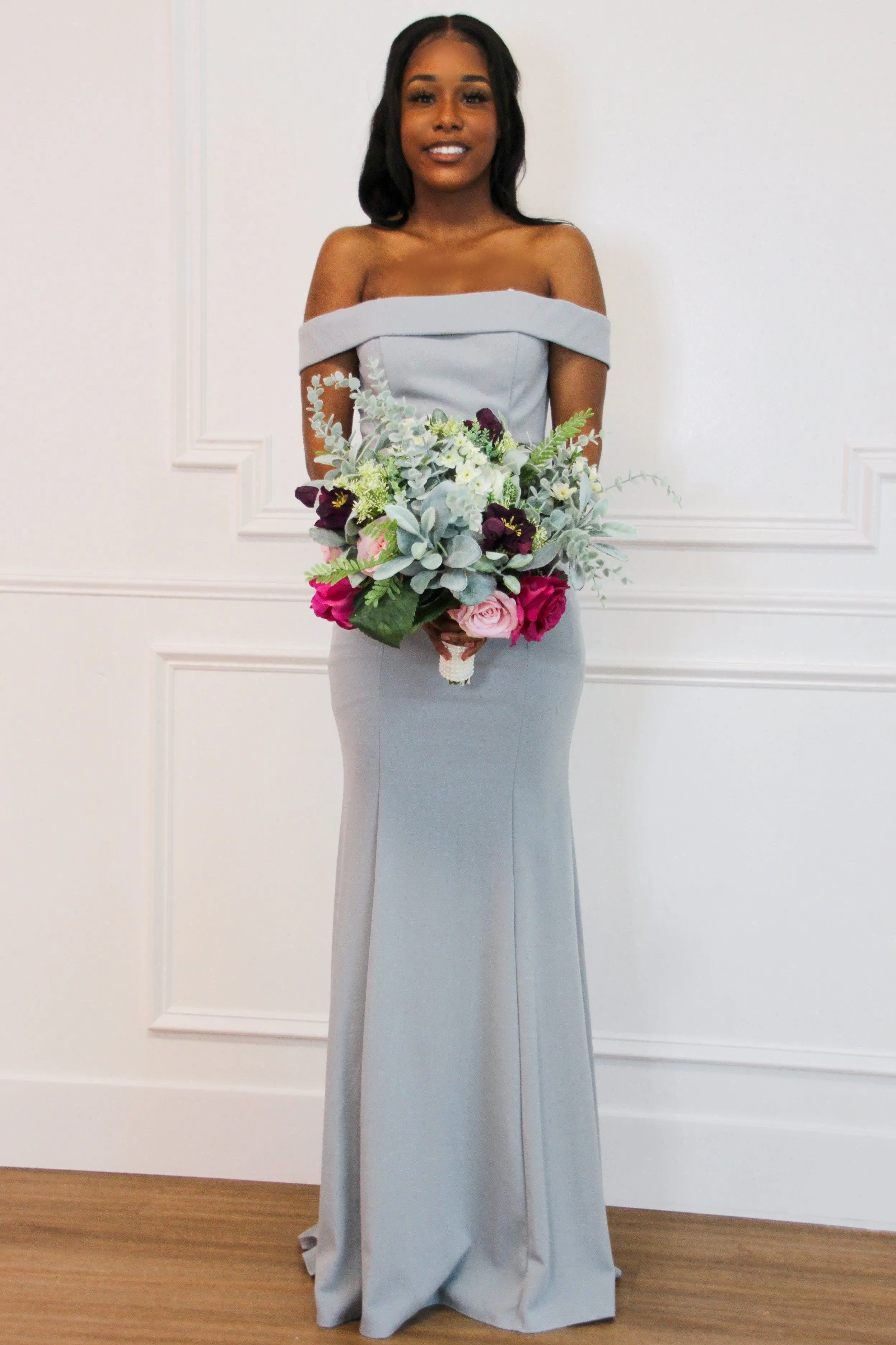 Whitney Off Shoulder Long Dress: Dove Gray