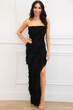Wiley Strapless Ruffle Velvet Floral Maxi Dress: Black