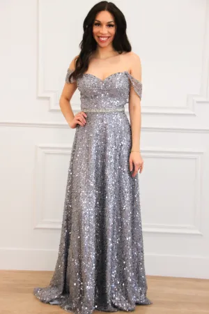 Wilhelmina Beaded Off Shoulder Formal Dress: Charcoal
