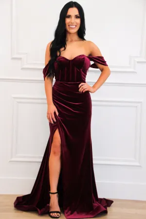 Winona Velvet Bustier Off Shoulder Maxi Dress: Wine