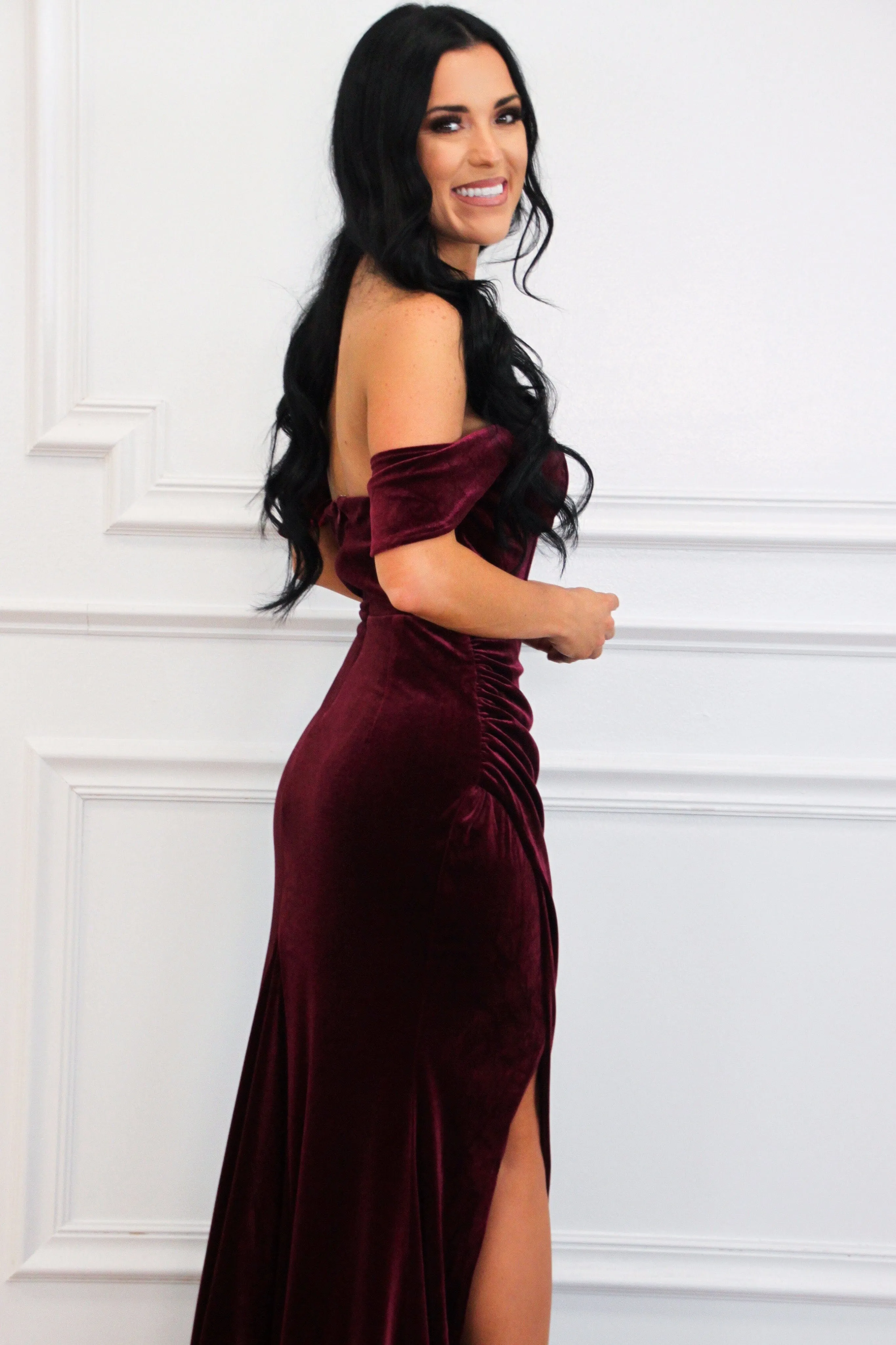 Winona Velvet Bustier Off Shoulder Maxi Dress: Wine