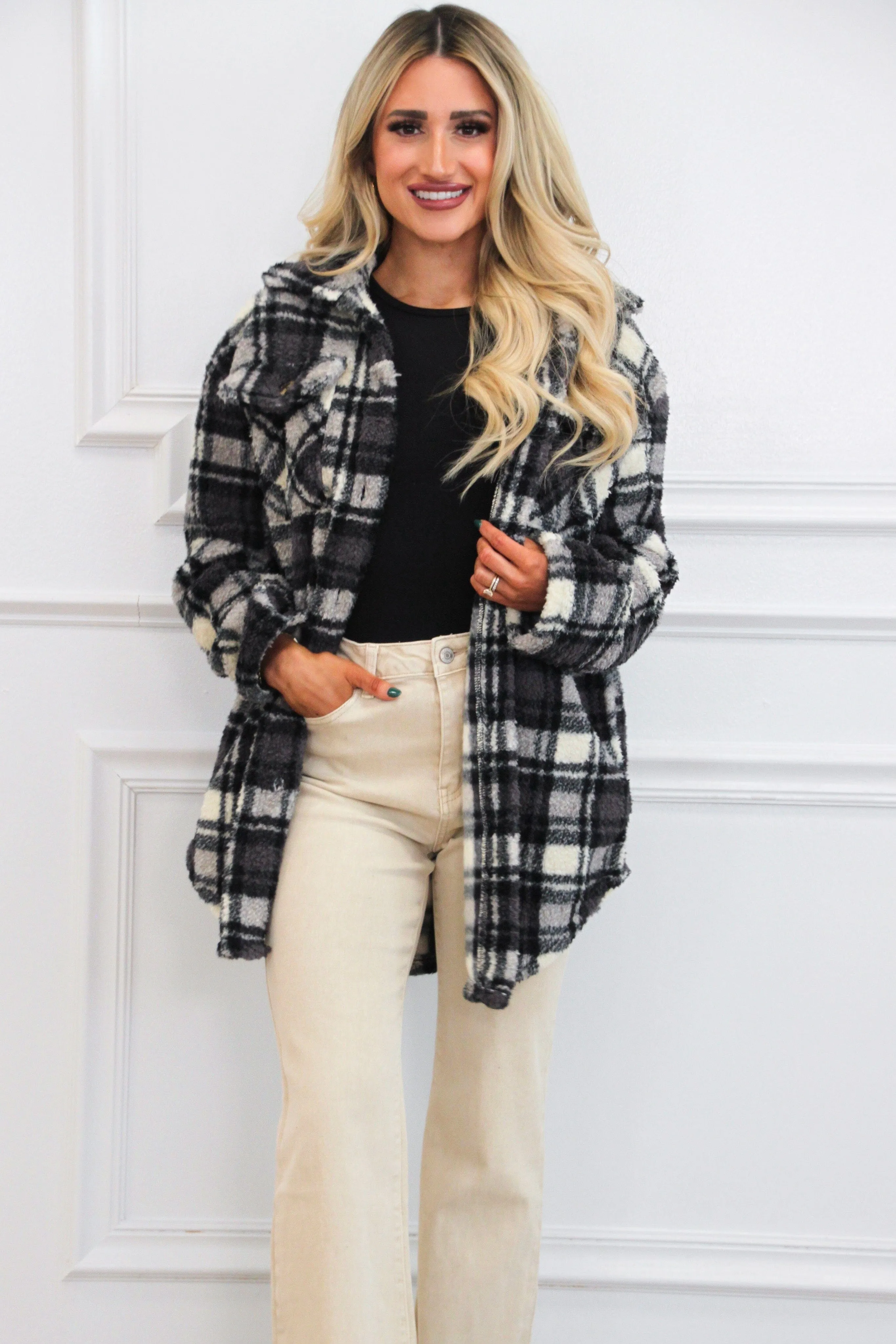 Winter Comfort Faux Fur Shacket: Gray/Black