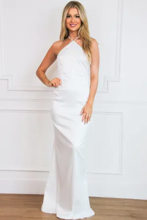 Yes to Forever High Neck Satin Maxi Dress: White