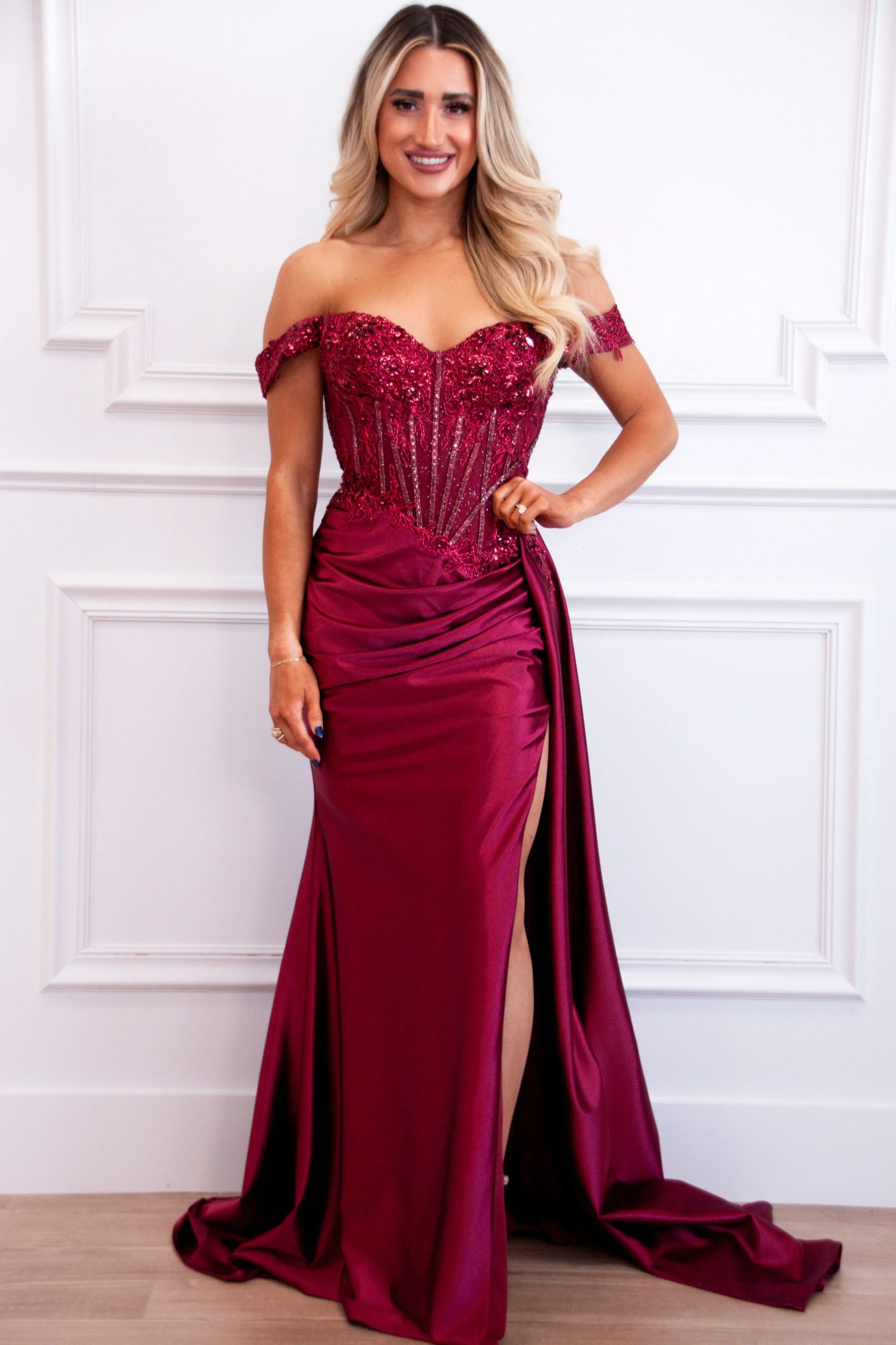 Zariah Off Shoulder Lace Embellished Satin Bustier Formal Dress: Burgundy