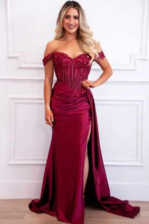 Zariah Off Shoulder Lace Embellished Satin Bustier Formal Dress: Burgundy