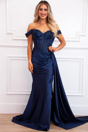 Zariah Off Shoulder Lace Embellished Satin Bustier Formal Dress: Navy